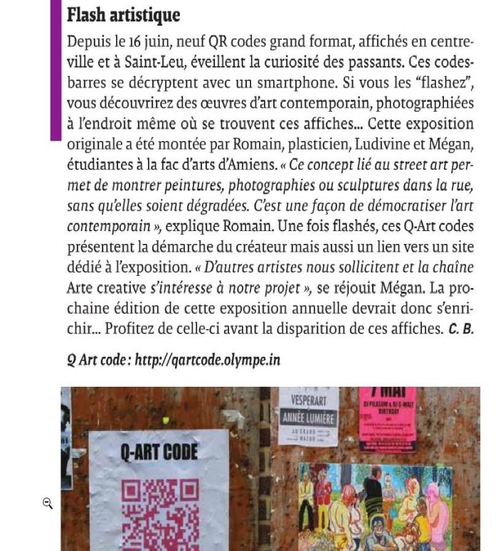 Article publié dans le JDA d'Amiens en Juillet 2014 pour l'exposition Q-Art Code.